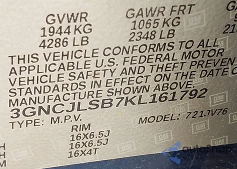 2019 Chevrolet Trax Lt from USA, damaged, VIN 3GNCJLSB7KL161792